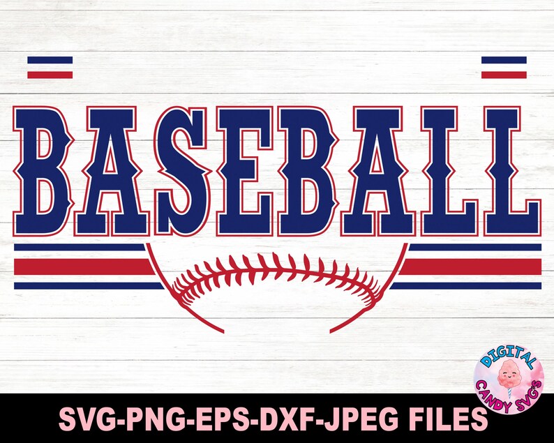 May include: A digital download of a baseball themed graphic with the word "BASEBALL" in blue letters with red and blue stripes. The graphic includes a baseball stitch design.