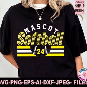 May include: Black t-shirt with a yellow and white design that says "MASCOT Softball 24".
