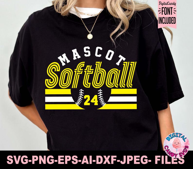 May include: Black t-shirt with a yellow and white design that says "MASCOT Softball 24".
