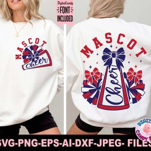 Może przedstawiać: Biała bluza z okrągłym dekoltem i czerwono-niebieskim wzorem graficznym. Z przodu znajduje się megafon, pompony oraz napis MASCOT cheer. Z tyłu znajduje się większa wersja tego samego wzoru z napisem MASCOT oraz Cheer.