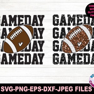 May include: A digital download of a layered SVG design featuring the text "GAMEDAY" repeated four times with a brown and white football graphic in the centre. The design comes with a glitter PNG file.