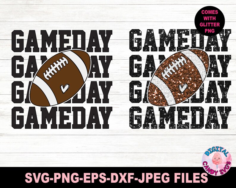 May include: A digital download of a layered SVG design featuring the text "GAMEDAY" repeated four times with a brown and white football graphic in the centre. The design comes with a glitter PNG file.