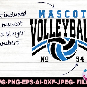 Puede incluir: Un dise&ntilde;o digital para voleibol, con la palabra "MASCOT" en azul y "VOLLEYBALL" en negro. Un gr&aacute;fico de voleibol azul y negro est&aacute; centrado debajo del texto, con los n&uacute;meros "NO" y "54" debajo. Tambi&eacute;n se incluye el texto "Fuente incluida para la mascota y los n&uacute;meros de los jugadores".