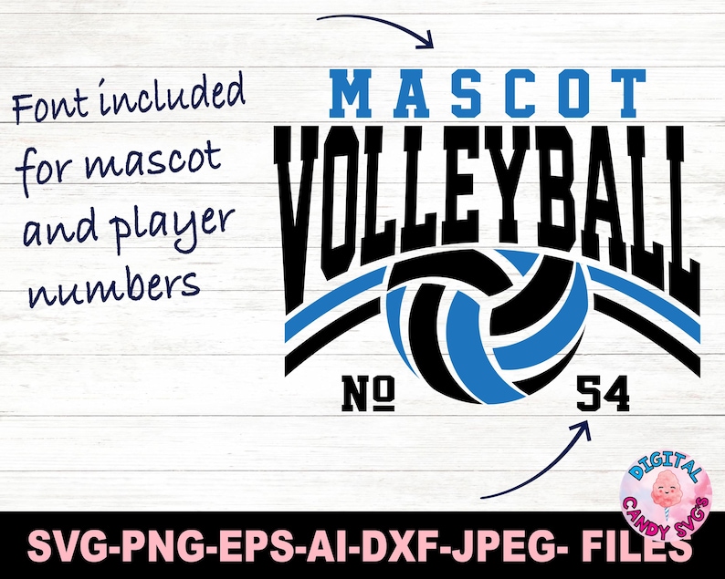 Puede incluir: Un dise&ntilde;o digital para voleibol, con la palabra "MASCOT" en azul y "VOLLEYBALL" en negro. Un gr&aacute;fico de voleibol azul y negro est&aacute; centrado debajo del texto, con los n&uacute;meros "NO" y "54" debajo. Tambi&eacute;n se incluye el texto "Fuente incluida para la mascota y los n&uacute;meros de los jugadores".