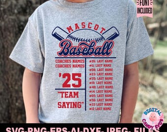 May include: A gray t-shirt with a baseball-themed design. The design features a baseball bat, a baseball, and the text "MASCOT Baseball". The shirt also includes a number "25" and the text "TEAM SAYING".