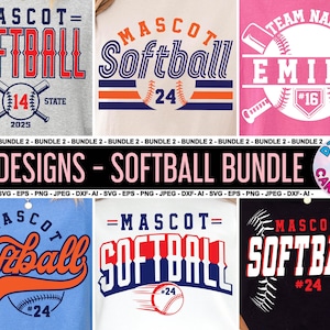 May include: A bundle of six softball design graphics. The designs feature the word "Softball" in various styles and colours, including red, white, blue, and black. Some designs include a baseball and the number 24. The designs are ideal for creating custom apparel, crafts, and more.