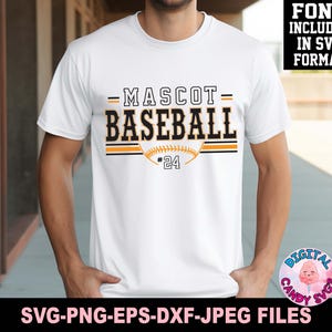 May include: White t-shirt with black and orange text that reads "MASCOT BASEBALL #24". The text is in a baseball-themed font.