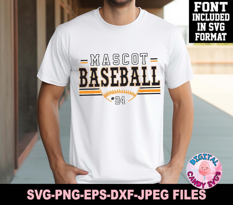 May include: White t-shirt with black and orange text that reads "MASCOT BASEBALL #24". The text is in a baseball-themed font.
