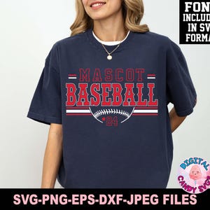 May include: A navy blue t-shirt with a red and white baseball graphic and the text "MASCOT= BASEBALL #24".