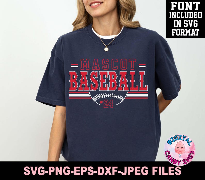 May include: A navy blue t-shirt with a red and white baseball graphic and the text "MASCOT= BASEBALL #24".