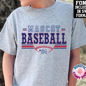 May include: A gray t-shirt with the text "MASCOT BASEBALL" in blue and red letters. A baseball with red stitching and the number "24" is below the text.