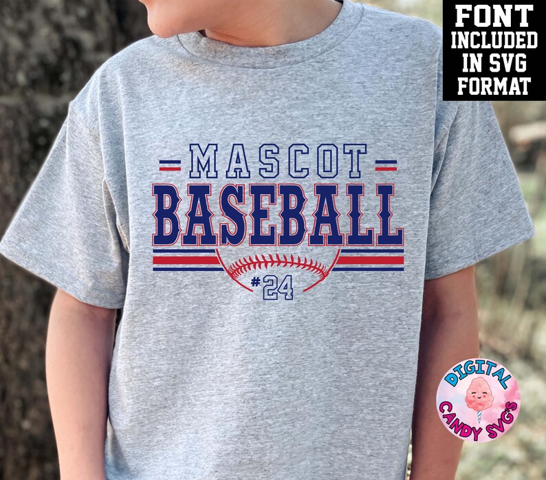 May include: A gray t-shirt with the text "MASCOT BASEBALL" in blue and red letters. A baseball with red stitching and the number "24" is below the text.