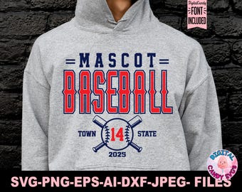 May include: A gray hooded sweatshirt with the text "=MASCOT= BASEBALL" in red and blue lettering. The design also includes a baseball with the number "14" and the text "TOWN 2025 STATE".