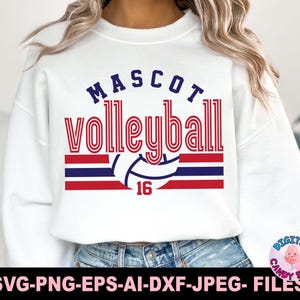 May include: White sweatshirt with red, white, and blue stripes and the text "MASCOT volleyball 16".