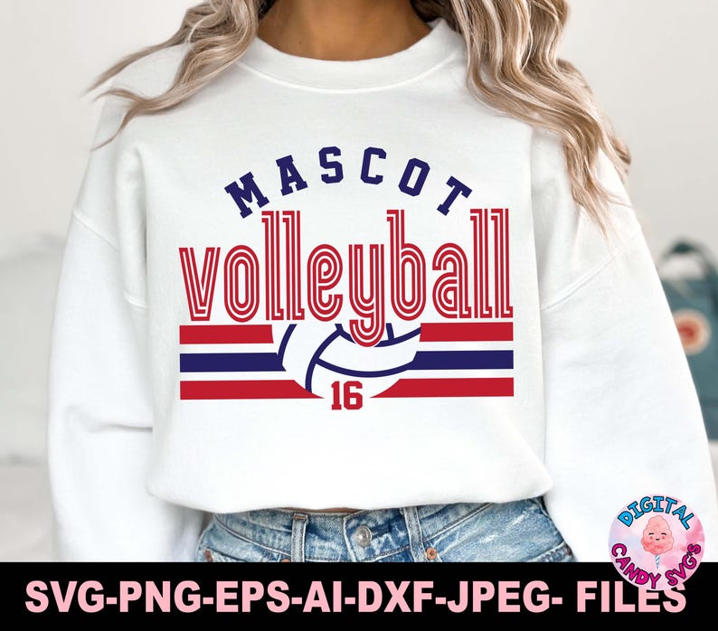 May include: White sweatshirt with red, white, and blue stripes and the text "MASCOT volleyball 16".