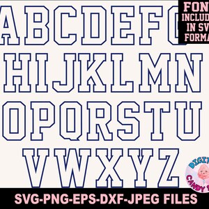 May include: A white alphabet font with a bold, outlined style. The letters are uppercase and have a classic, collegiate feel. The font is perfect for creating designs for sports teams, school projects, or any other project that requires a bold and eye-catching font.