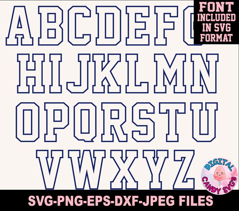 May include: A white alphabet font with a bold, outlined style. The letters are uppercase and have a classic, collegiate feel. The font is perfect for creating designs for sports teams, school projects, or any other project that requires a bold and eye-catching font.