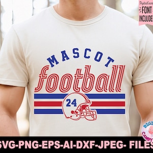 May include: A beige t-shirt with the words "MASCOT football" in blue and red, with a football helmet graphic. The number 24 is inside the helmet. The shirt also includes the text "SVG-PNG-EPS-AI-DXF-JPEG- FILES".