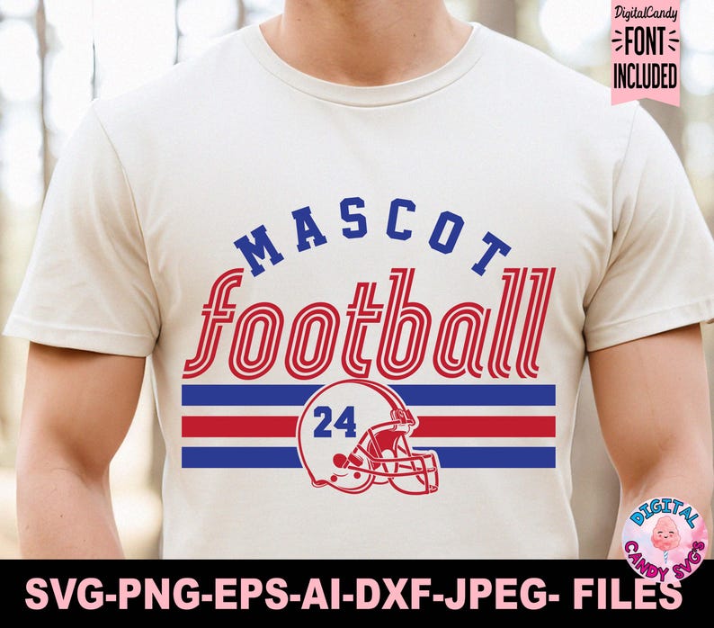 May include: A beige t-shirt with the words "MASCOT football" in blue and red, with a football helmet graphic. The number 24 is inside the helmet. The shirt also includes the text "SVG-PNG-EPS-AI-DXF-JPEG- FILES".