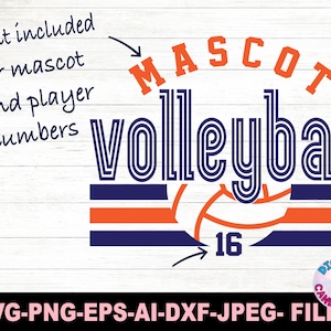 May include: A digital design for a volleyball mascot with the text "MASCOT volleyball" in blue and orange. The design includes a volleyball with the number 16 on it. The text "Font included for mascot and player numbers" is in black.