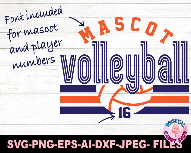 May include: A digital design for a volleyball mascot with the text "MASCOT volleyball" in blue and orange. The design includes a volleyball with the number 16 on it. The text "Font included for mascot and player numbers" is in black.