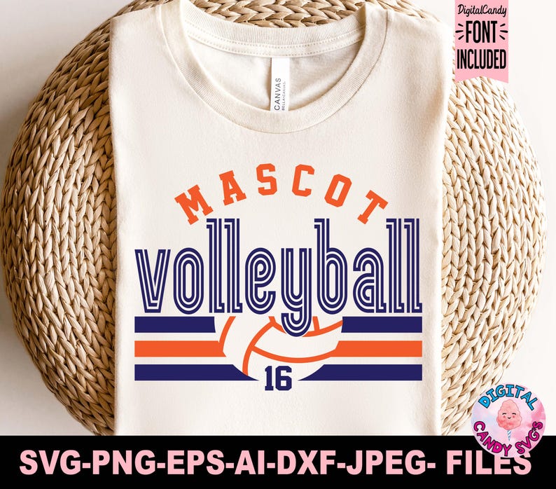 May include: A white t-shirt with a blue and orange volleyball design. The text "MASCOT volleyball" is in a blue and white striped font. The number 16 is in the center of the design.