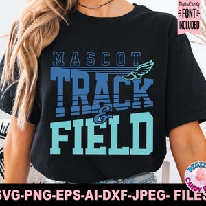 May include: Black t-shirt with blue and teal text that reads "Mascot Track & Field". A blue and white running shoe graphic is above the text. The text "DigitalCandy FONT INCLUDED" is in a white box in the upper right corner.