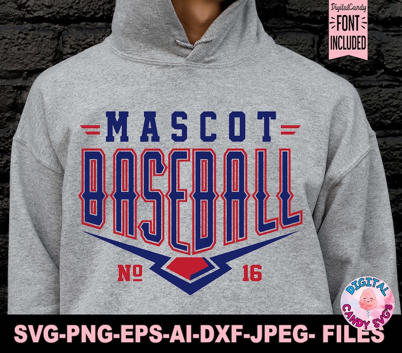 Pode incluir: Camisola de moletom cinza com capuz com o texto "=MASCOT= BASEBALL NO 16" em vermelho e azul. O texto est&aacute; em negrito, com uma fonte de bloco. A camisola tem um fundo cinza.