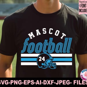 May include: Black t-shirt with a football-themed design. The design includes the word "MASCOT" above "football" in a blue, retro font, a football helmet, and the number 24. The bottom of the shirt has the text "SVG-PNG-EPS-AI-DXF-JPEG- FILES".
