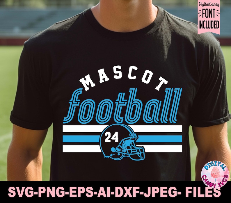 May include: Black t-shirt with a football-themed design. The design includes the word "MASCOT" above "football" in a blue, retro font, a football helmet, and the number 24. The bottom of the shirt has the text "SVG-PNG-EPS-AI-DXF-JPEG- FILES".
