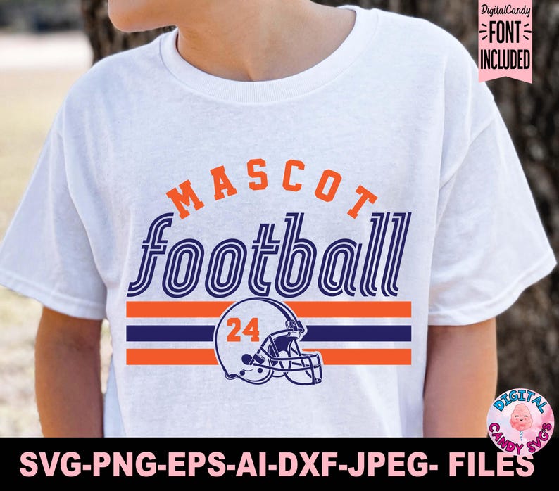 May include: White t-shirt with a football-themed design. The design includes the word "MASCOT" in orange, "football" in blue, and a football helmet with the number 24. The shirt also includes the text "SVG-PNG-EPS-AI-DXF-JPEG- FILES".