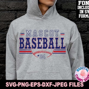 May include: Gray hooded sweatshirt with the text "MASCOT BASEBALL" in blue and red. The number 24 is printed below the text.