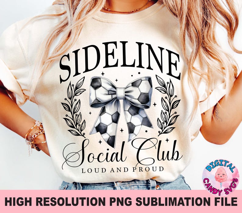 May include: White t-shirt with black text that reads "Sideline Social Club Loud and Proud". A black and white football bow is centered on the shirt.