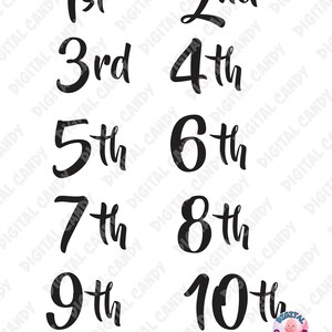 May include: Ten black and white handwritten numbers, 1st through 10th, with a white background. The numbers are in a script font and are arranged in two rows of five numbers each. The text "CUTTING FILES" is at the bottom of the image, and the text "SVG PNG DXF EPS JPG" is below that.