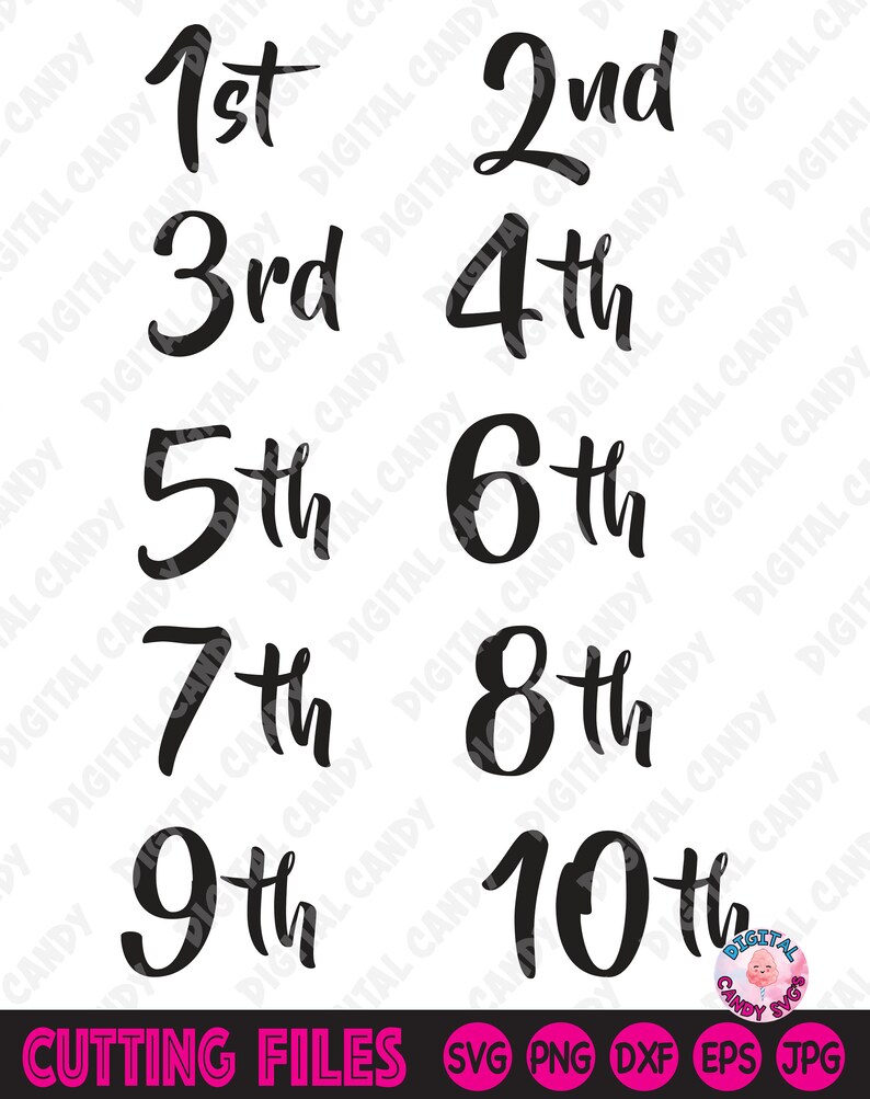 May include: Ten black and white handwritten numbers, 1st through 10th, with a white background. The numbers are in a script font and are arranged in two rows of five numbers each. The text "CUTTING FILES" is at the bottom of the image, and the text "SVG PNG DXF EPS JPG" is below that.