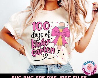 100 Days of School Svg Png, 100 Days of Kindergarten Svg Png, Kindergarten Svg Png, Pencil Coquette Bow Svg, Svg Files for Cricut, 100 Days