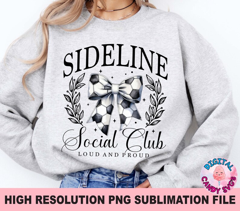May include: Grey sweatshirt with the text "Sideline Social Club Loud and Proud" and a black and white football bow.
