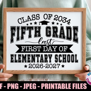 May include: A framed sign with the text "CLASS OF 2034 FIFTH GRADE last FIRST DAY OF ELEMENTARY SCHOOL 2026-2027". The sign is in a light brown frame and held by a person wearing a green sweater. The bottom of the image has the text "PDF - PNG - JPEG - PRINTABLE FILES".