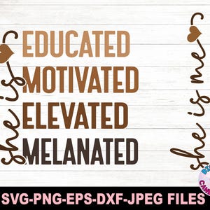 May include: A digital design featuring the text "She is educated, motivated, elevated, melanated" with a heart graphic on the left and a heart graphic on the right. The text is in brown and black with a woodgrain background.