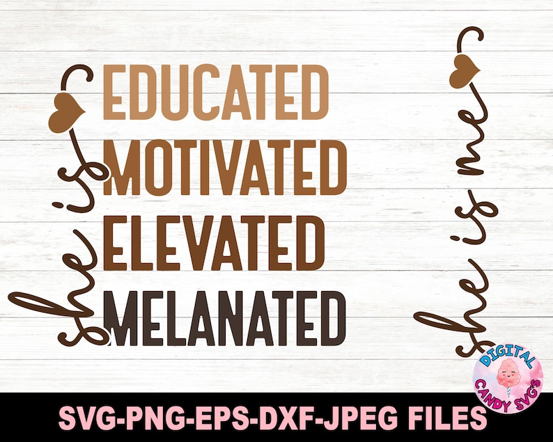 May include: A digital design featuring the text "She is educated, motivated, elevated, melanated" with a heart graphic on the left and a heart graphic on the right. The text is in brown and black with a woodgrain background.