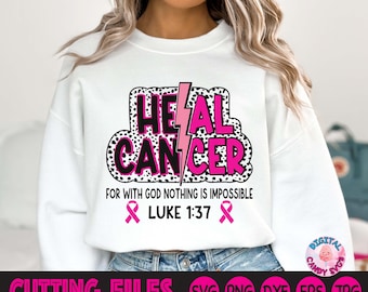May include: White sweatshirt with a pink and black graphic that says "HEAL CANCER" with a lightning bolt and a pink ribbon. The text below the graphic says "FOR WITH GOD NOTHING IS IMPOSSIBLE LUKE 1:37".
