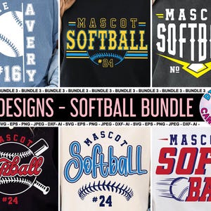 Puede incluir: Un paquete de descarga digital de seis diseños de softball. Los diseños presentan una variedad de gráficos con temática de softball, incluyendo una pelota de béisbol con bates cruzados, una pelota de softball con el número 24 y el texto "Softball" en una variedad de fuentes y estilos. Los diseños están disponibles en los formatos SVG, EPS, PNG, JPEG, DXF y AI.