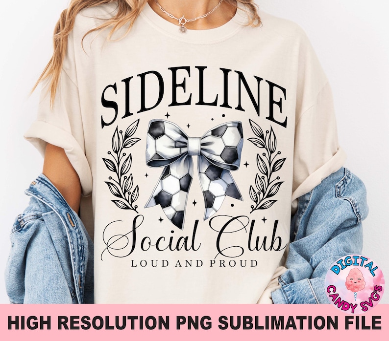 May include: A white t-shirt with black text that reads "Sideline Social Club Loud and Proud". A black and white watercolour illustration of a football bow is centred on the shirt.