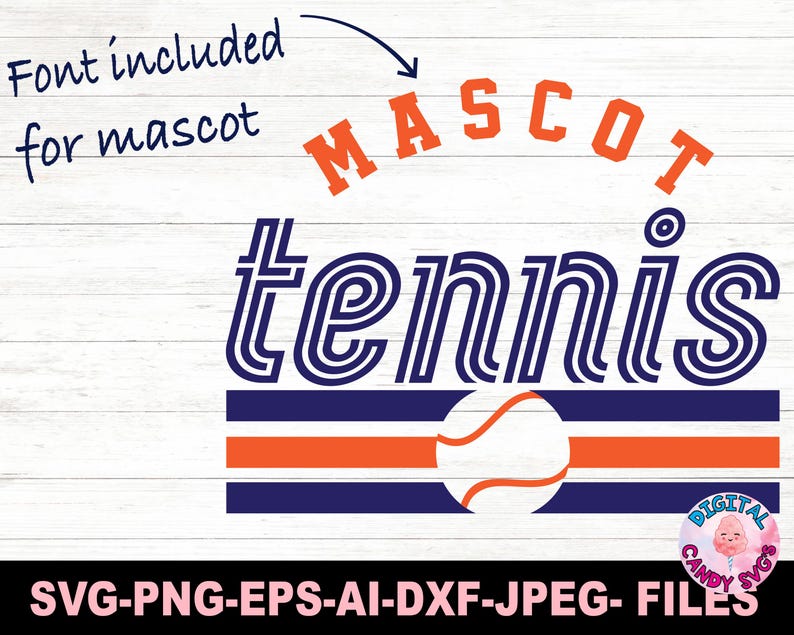 Puede incluir: Un archivo de dise&ntilde;o digital para una mascota de tenis con el texto "MASCOT tennis". El dise&ntilde;o presenta un esquema de color azul y naranja con un gr&aacute;fico de pelota de tenis.