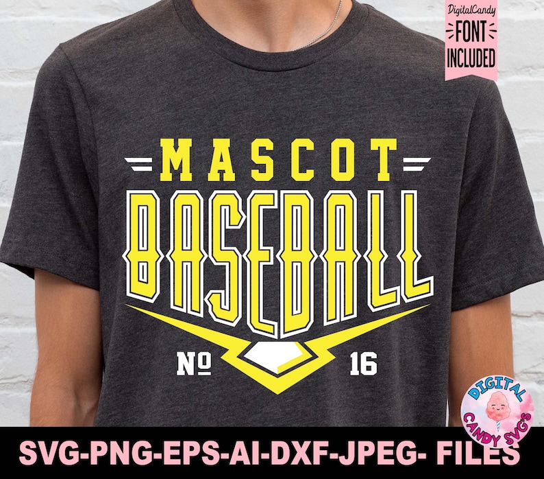 Pode incluir: Uma camiseta cinza escura com um design gr&aacute;fico amarelo que diz "=MASCOT= BASEBALL" com uma forma de diamante amarelo e os n&uacute;meros "NO. 16".