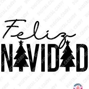 May include: Black and white design featuring the text "Feliz Navidad" in a cursive font. Two stylised Christmas trees are included in the design.