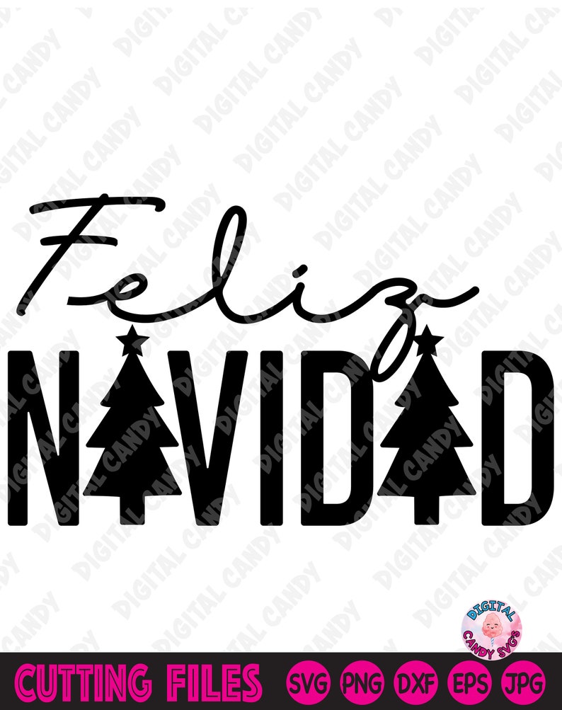 May include: Black and white design featuring the text "Feliz Navidad" in a cursive font. Two stylised Christmas trees are included in the design.