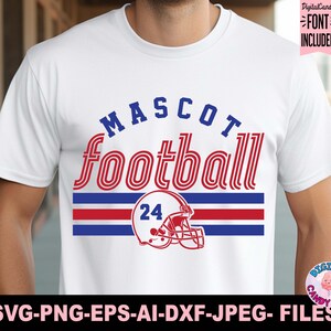 May include: White t-shirt featuring the words "MASCOT football" in blue and red, with a football helmet graphic and the number 24. The design includes blue and red stripes. The text "FONT INCLUDED" is in the upper right corner.