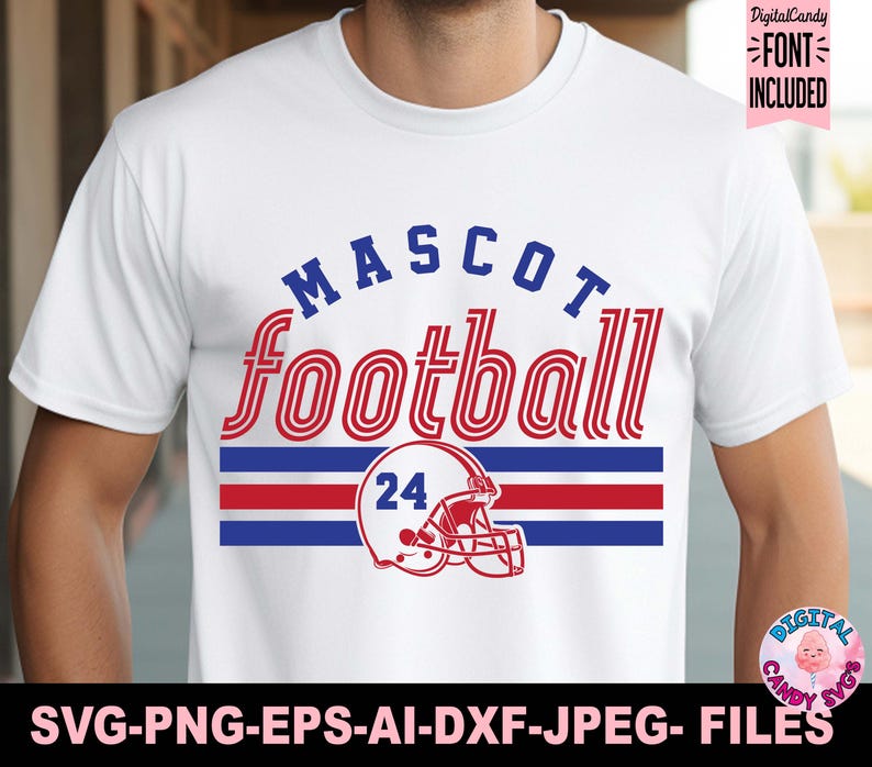 May include: White t-shirt featuring the words "MASCOT football" in blue and red, with a football helmet graphic and the number 24. The design includes blue and red stripes. The text "FONT INCLUDED" is in the upper right corner.