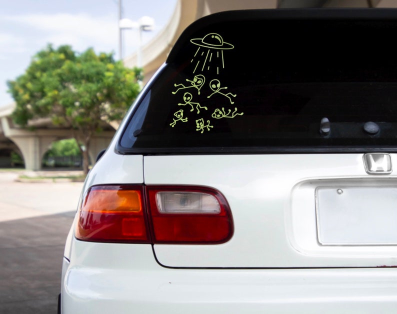 Alien Abduction Family Car Decals, UFO Car Stickers, Stick Figure Family, Funny Car Stickers, Weird Car Stickers, Cute Car Stickers Alien Green